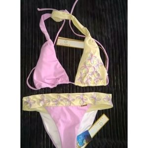NWT La Isla Size S Colombia Pink Yellow Hand Embroidered Flower Bikini Swimsuit